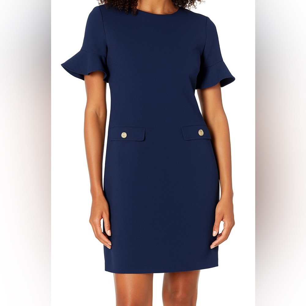 Tommy Hilfiger Classic Navy Blue Dress w. flutter sleeves & Gold details | 8